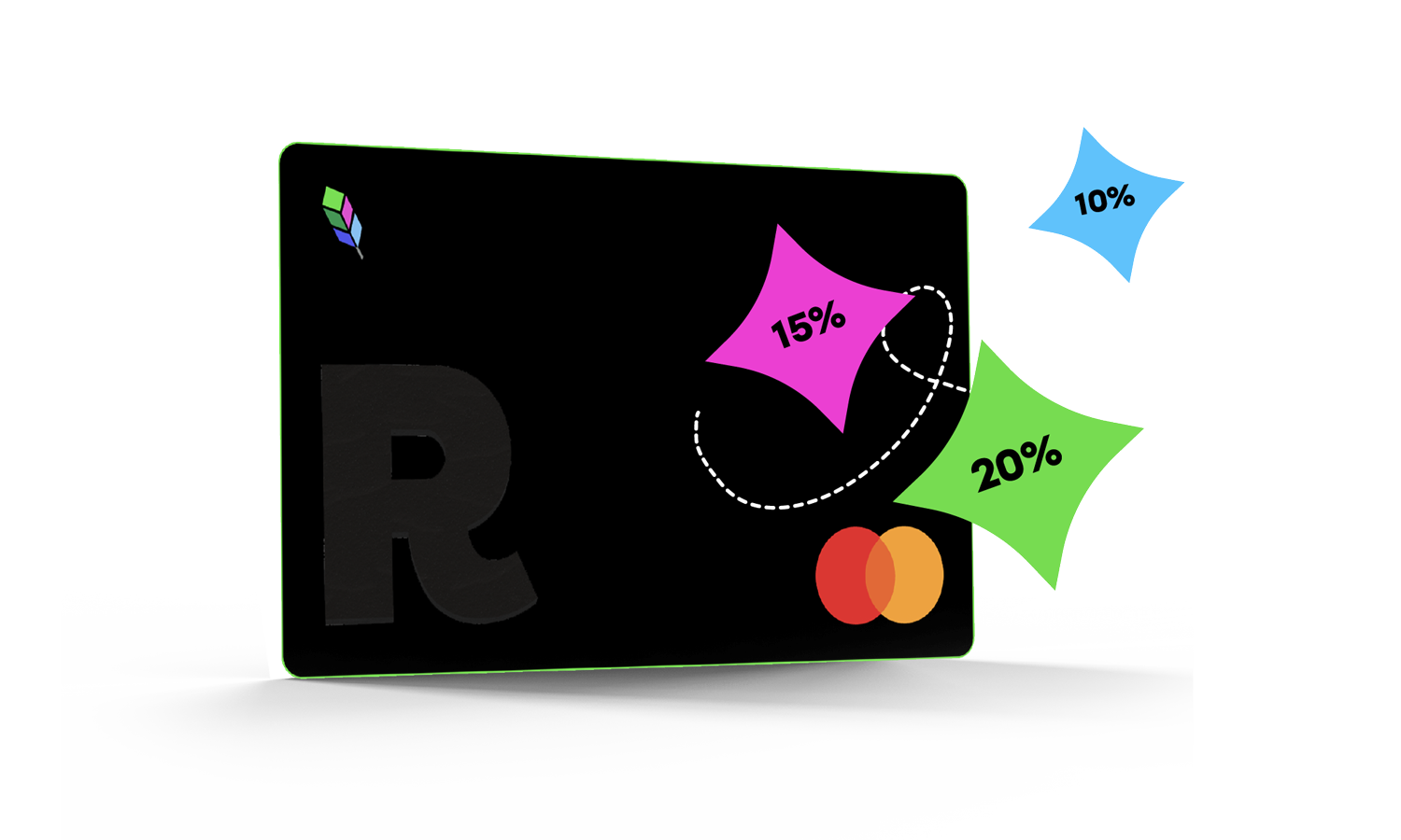 כרטיס מועדון הטבות עם אוחזי הנחה צבעוניים סביבו